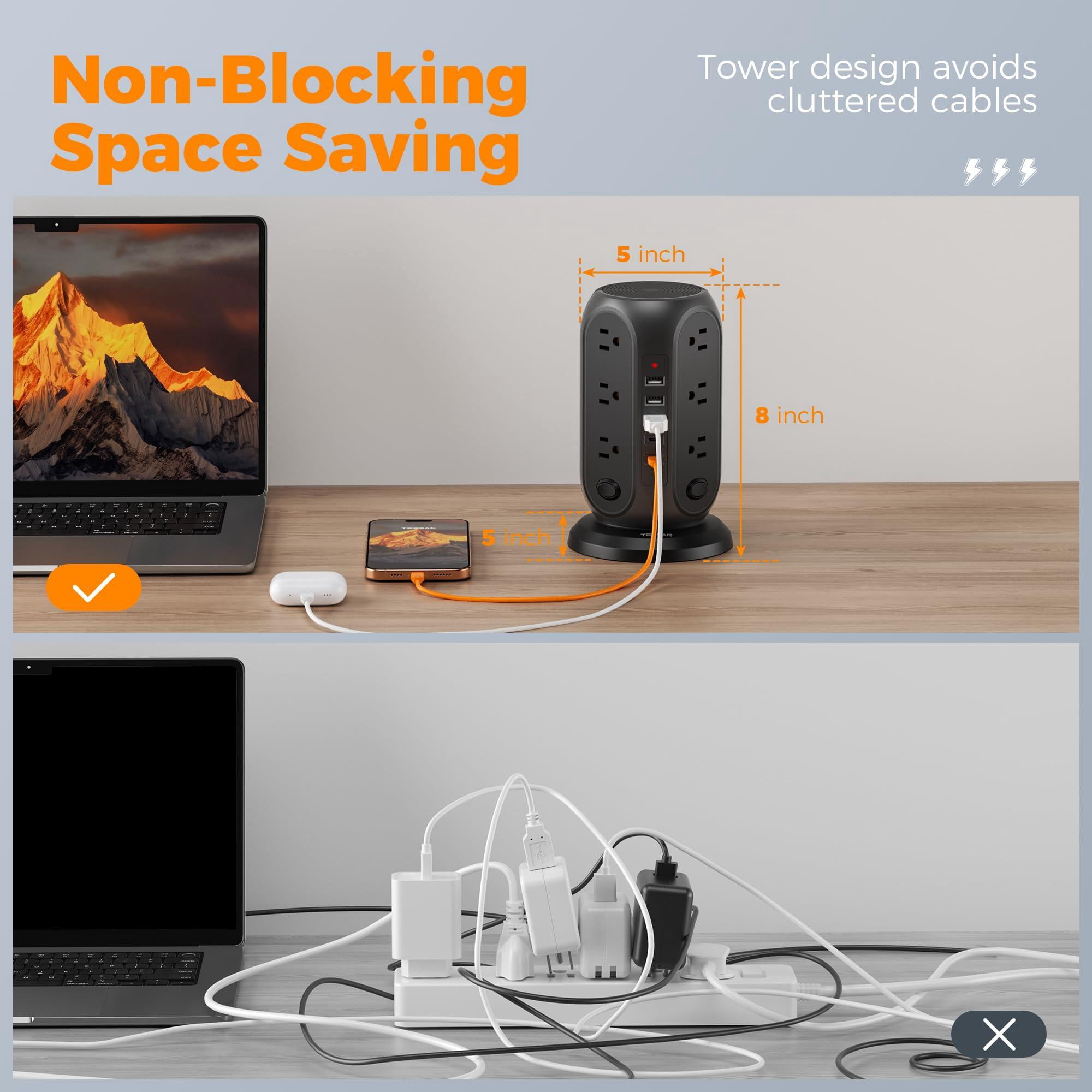 Tower Power Strip With Individual Switches  Surge Protector 12 Outlets 5 Usb Ports(2 C) Flat Extension Cord 10 Ft 1250w Charging Station For Multiple Devices Office Dorm Black