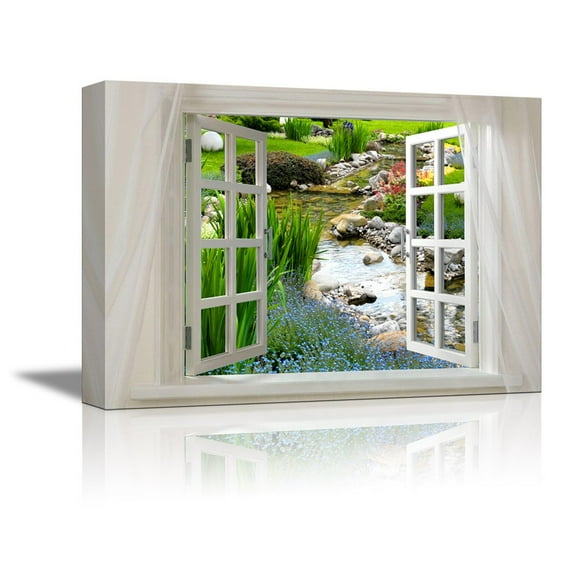 Glimpse into Beuatiful Clear Spring and Flowers Out of Open Window Canvas Wall Art Stretched Canvas Prints | Giclee Printing Ready to Hang - 24" x 36"