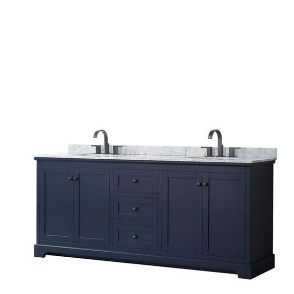 80 in. Avery Double Bathroom Vanity with White Carrara Marble Countertop, Undermount Oval Sinks & Matte Black Trim - Dark Blue