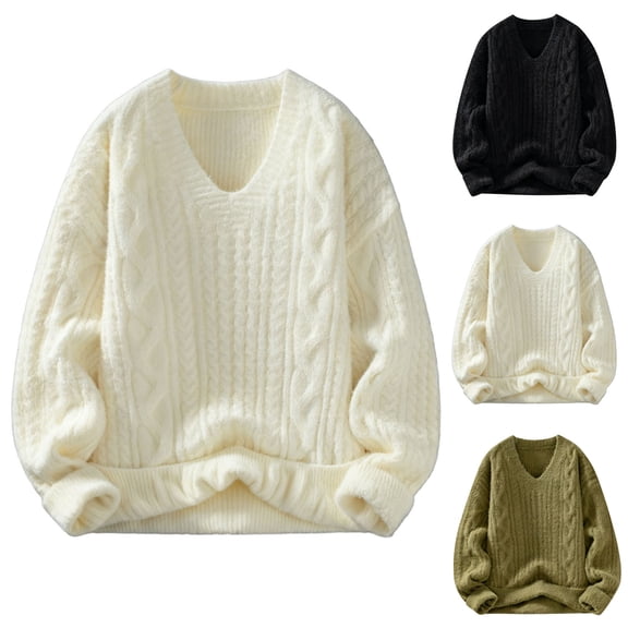FRSASU Mens V Neck Pullover Chunky Sweaters Ribbed Knitted Cable Oversized Pullovers Tops White