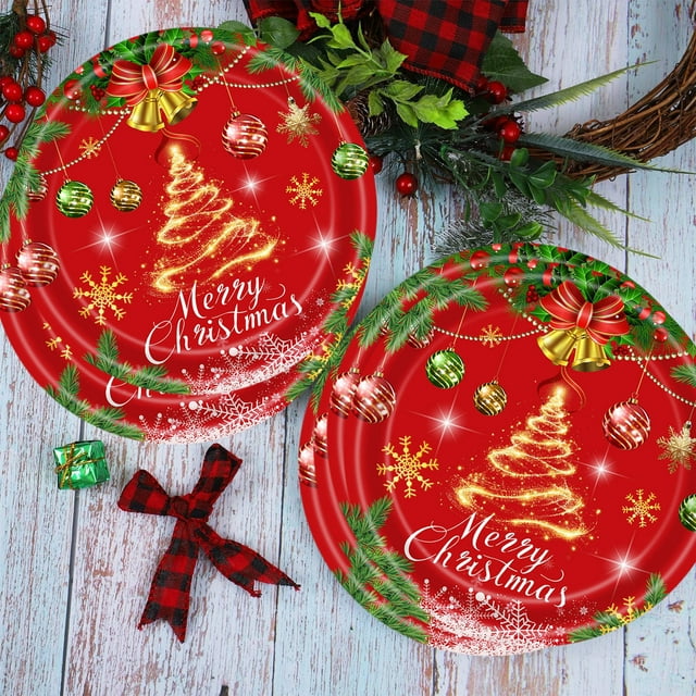 20-pack Christmas Party Supplies Christmas Disposable Paper Tableware Red Paper Plates