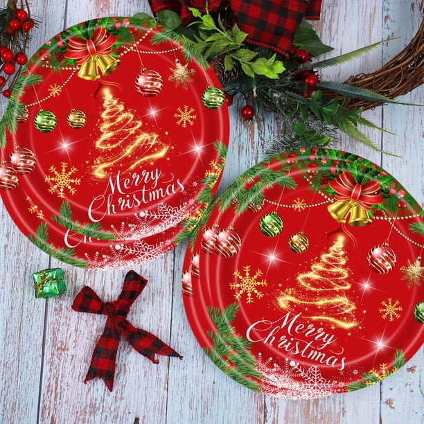 Decoraciones navideñas, adornos navideños, regalos navideños, paquete de 20 artículos para fiestas navideñas, vajilla desechable de papel, platos de papel rojos, vajilla de papel.