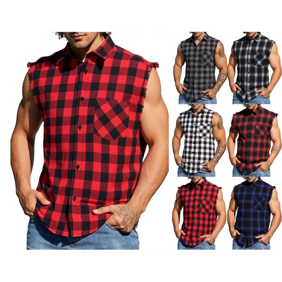 Afuyipoi Men's Plaid Shirts, Stylish Button-Front Sleeveless Tank Top with Pocket Red Size L
