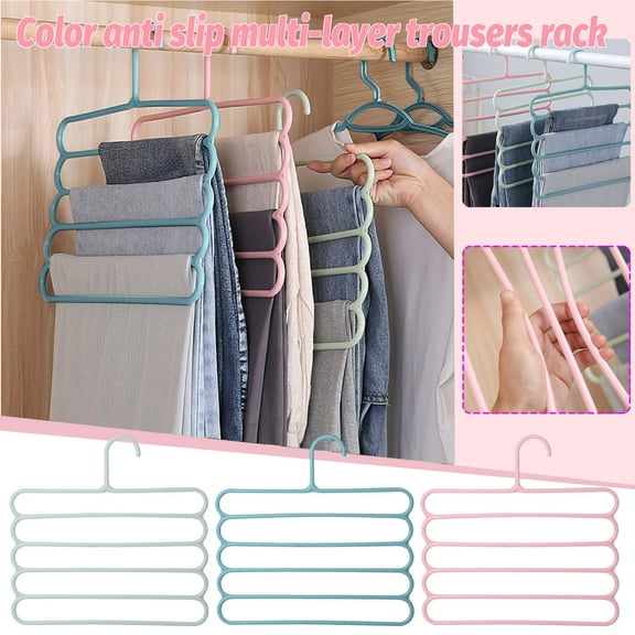 Yrmaups 3Pcs 5-Layer Pants Hangers, Non-Slip Multi-Functional Trouser Rack, 5-Tier Hanging Organizer for Closet Wardrobe, Scarf Tie Hanger for Silk Scarves and Neckties