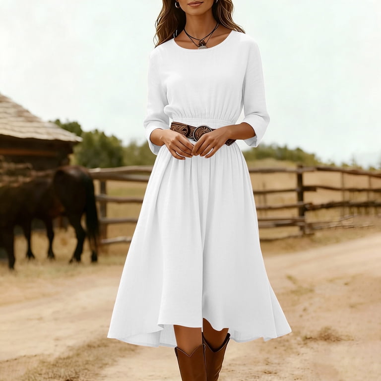 midi brunch dresses for women Nmnitkp Crew Neck Roll Cuff 3/4 Sleeve Solid Dress Gathered Waist Flowy Casual Dress for Farm Outings Travel and Fall Daily Occasions White,M Womens Ivory Polka Dot blue polka dot dog dress Unique Bridal Shower Games US Child Size:Child-9
