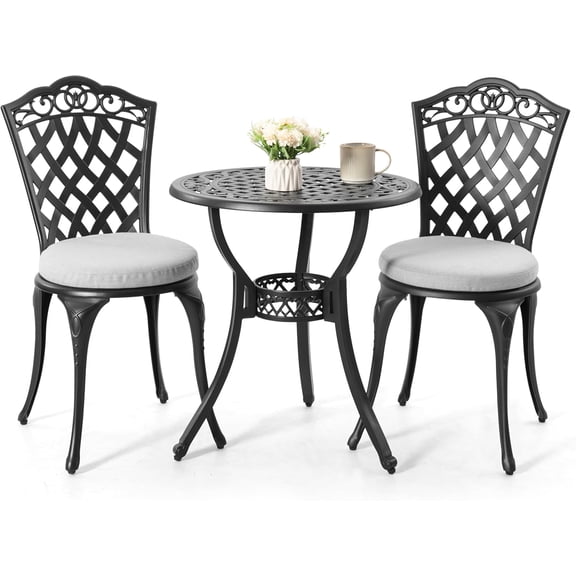 NUU GARDEN 3-Piece Patio Bistro Set Outdoor Cast Aluminum Bistro Table and Chairs Set of 2, Outdoor Patio Bistro Set with Umbrella Hole and Gray Cushions for Patio Balcony, Black