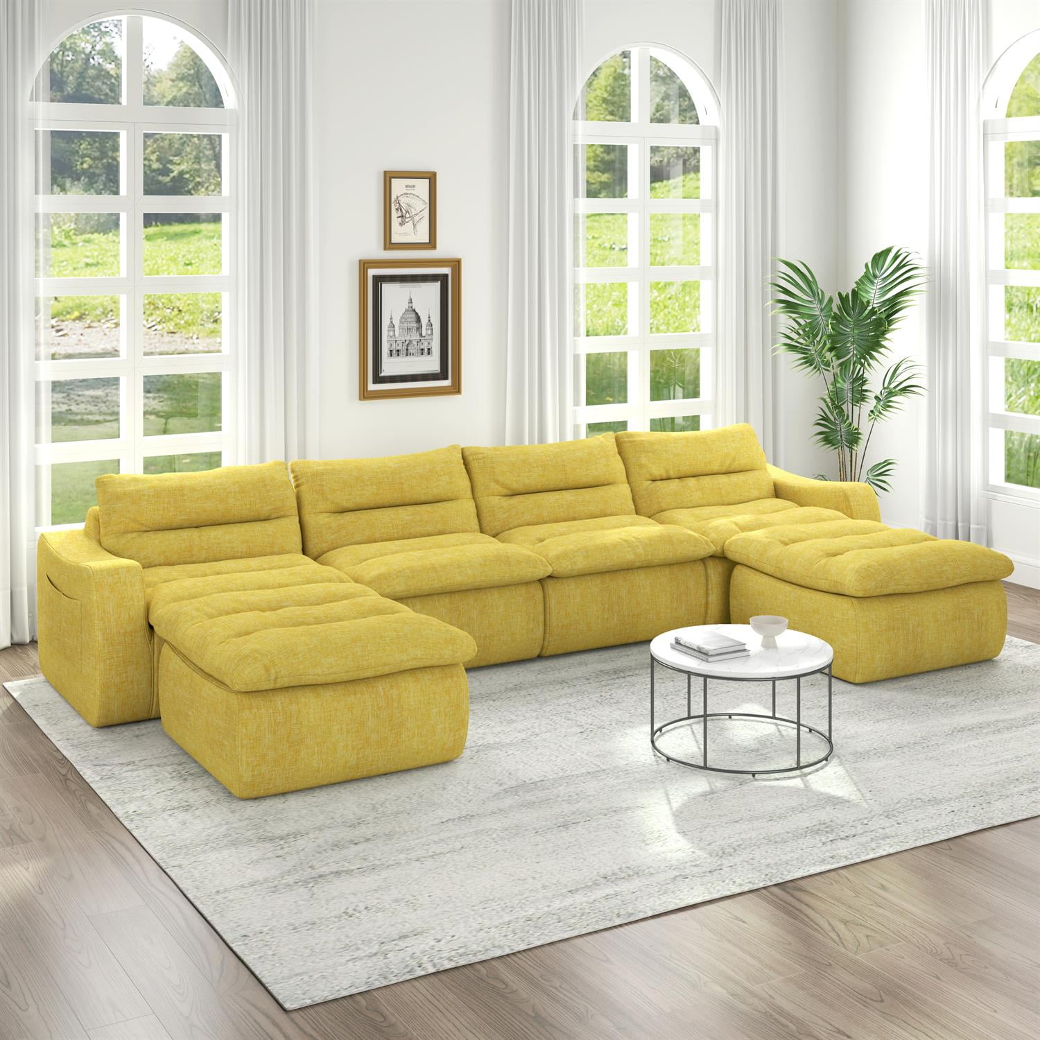 Demi Bonn 150" Modern L-Shaped Modular Sofa, Comfortable Beanbag Style, Stylish Lazy Couch for Living Rooms and Relaxation, Yellow