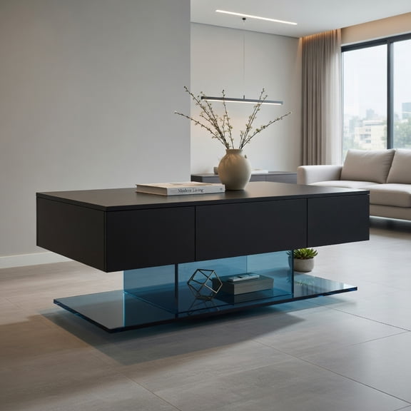Resenkos Modern LED Coffee Table with 20 Color LED Lights and 2 Storage Drawers-Black, Modern Coffee Table for Living Room Office Reception
