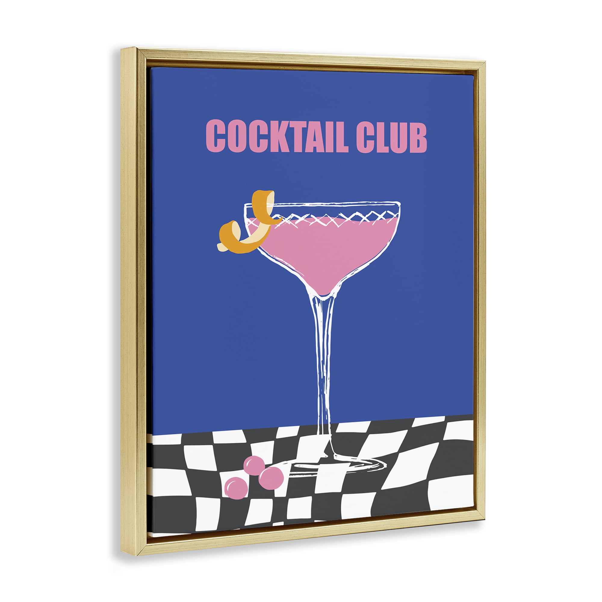 Stupell Industries Cocktail Club on Checkered Food & Beverage Painting Gold Floater Framed Canvas Art Print Wall Art, 25 x 31