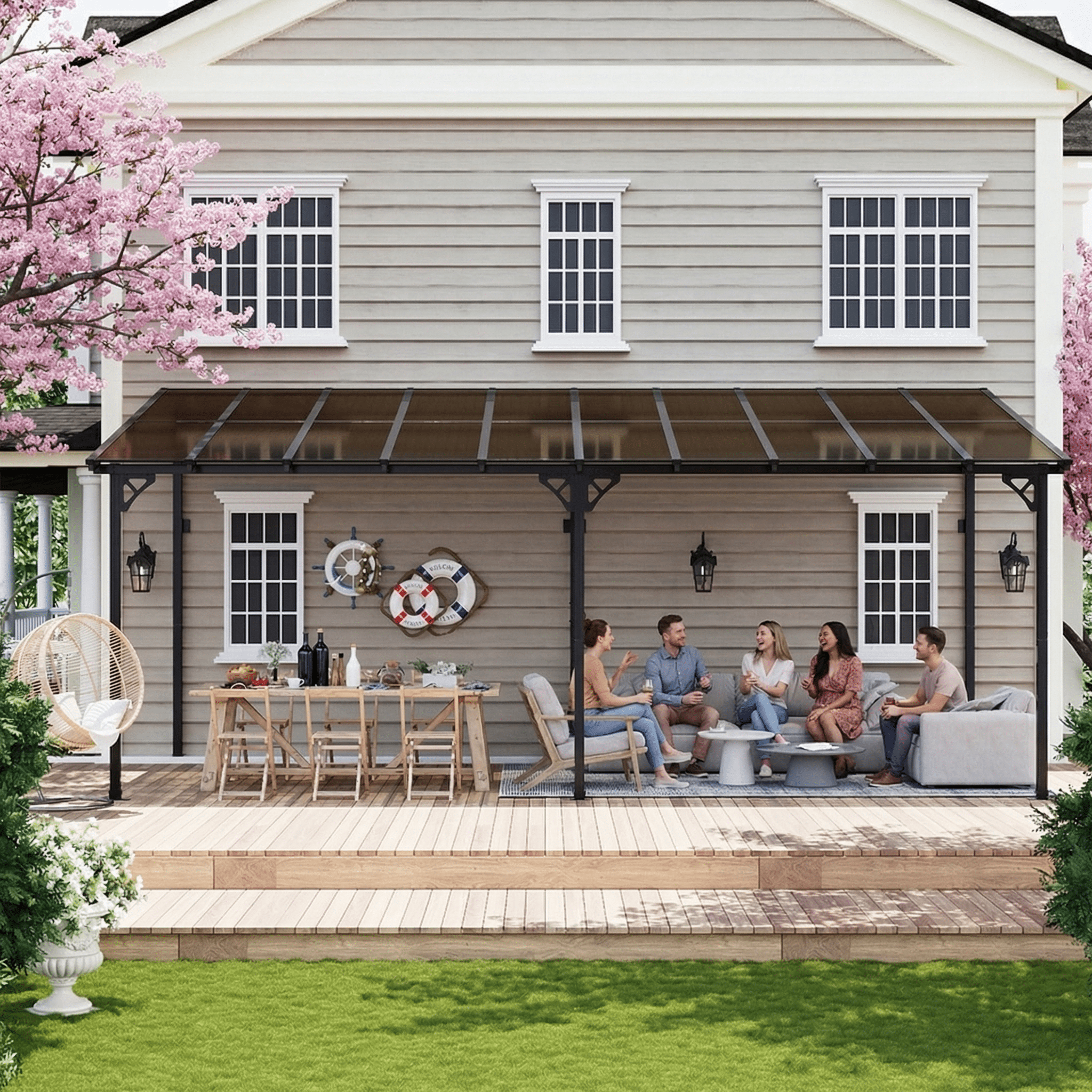 BREEZESTIVAL 20x10 Hard Top Gazebo Pergola- Wall Mounted Lean-to Aluminum Alloy Awning with Canopy Roof, All-Weather Outdoor Cover for Patio, Backyard, Deck