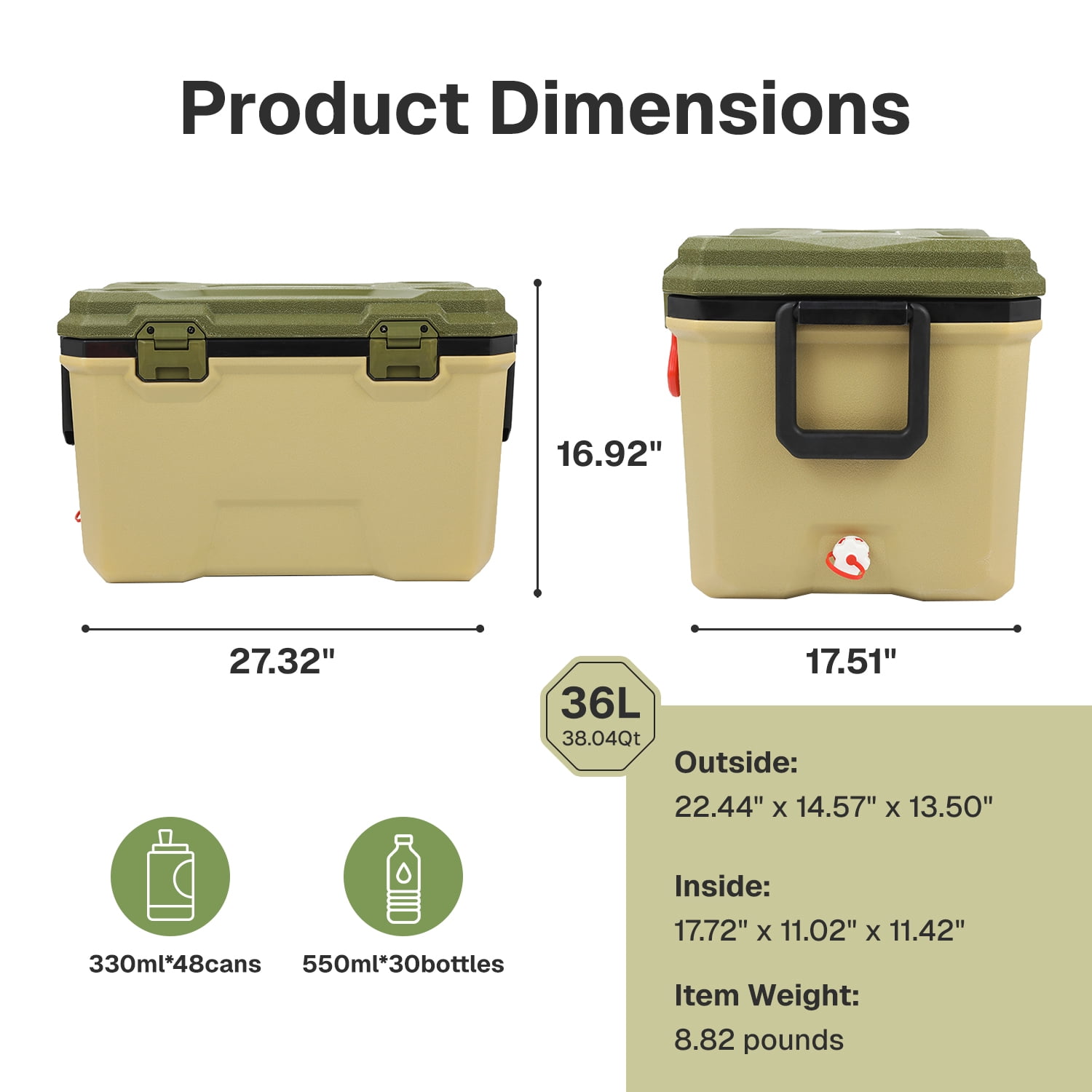 BN-LINK 38Qt Hard Cooler, Portable Ice Chest Cooler with Insulation for Camping, Picnic, Fishing, Boating, Travel, 48 Can Capacity,Green