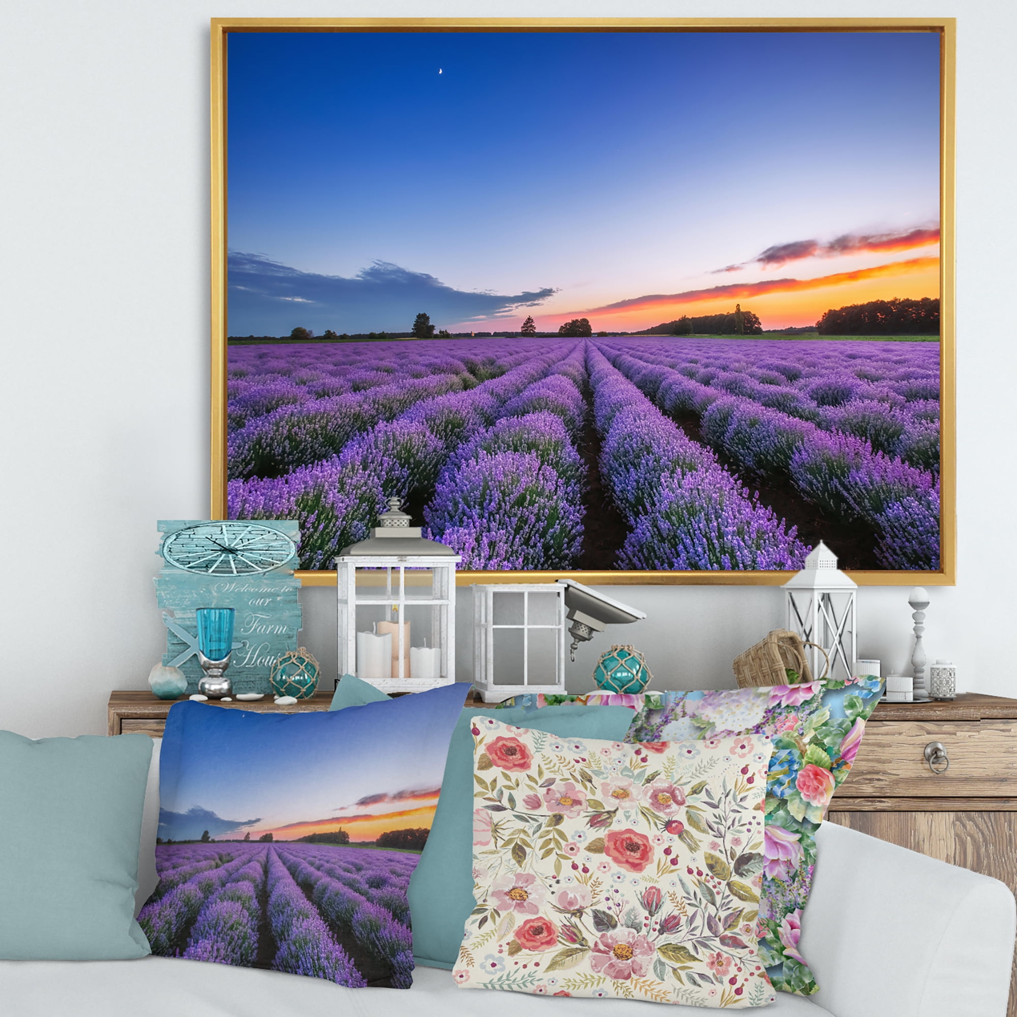 Designart 'Dramatic Clouds and Sunrise Over Lavender Field I' Farmhouse Framed Canvas Wall Art Print