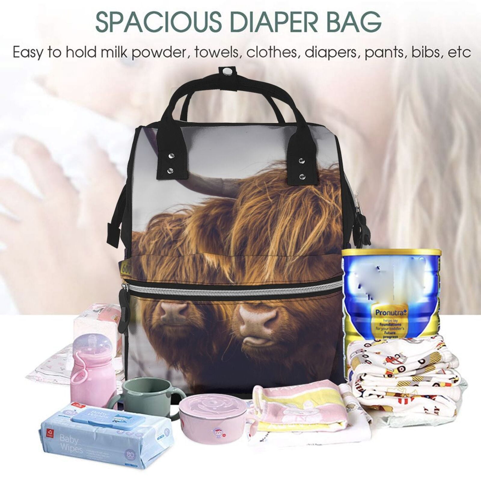 Ratiio Portrait Of Cow With Its Baby Cow Mummy Backpack - Waterproof Twill Canvas, Large Capacity Diaper Bag with Multiple Pockets and Adjustable Straps