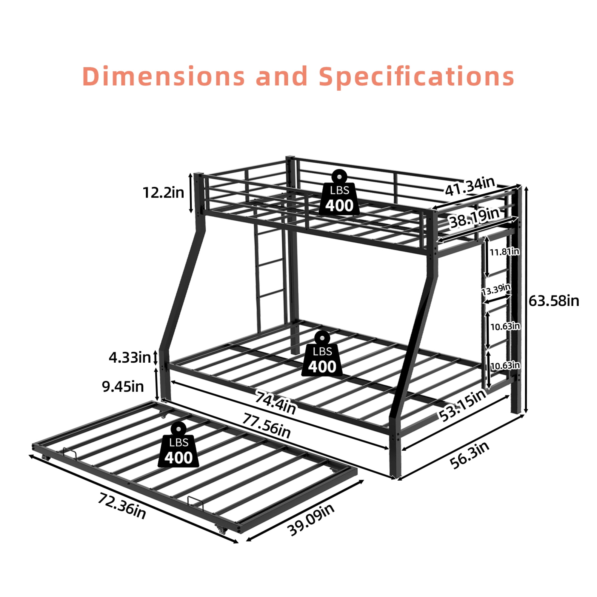 Leumius Metal Twin over Full Bunk Bed with Trundle, Space Saving Bunk Bed Frame with Ladder and Guardrails for Dorm, Apartment,Black