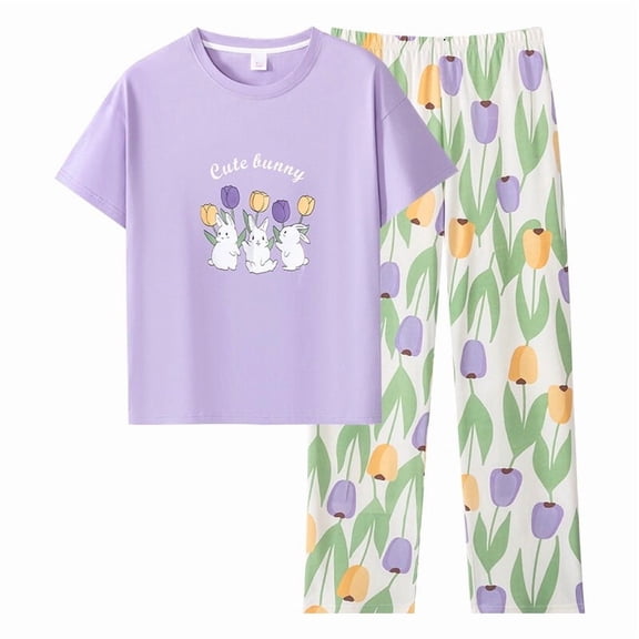Cotton Women Pajama Set 2 Pcs Short Sleeve Pullover Top Sleepwear Long PJ Pants
