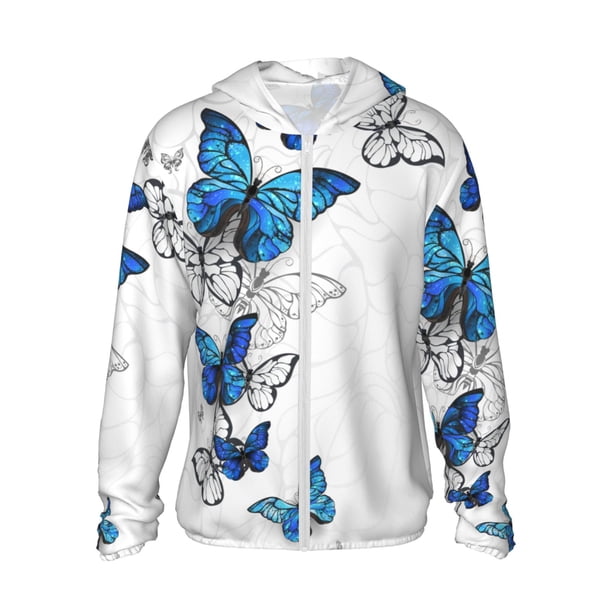 Fotbe Blue Flying Butterflies Chaqueta con Protección Solar UPF 50+ para Hombre y Mujer, Camisa con Capucha y Bolsillos-Large