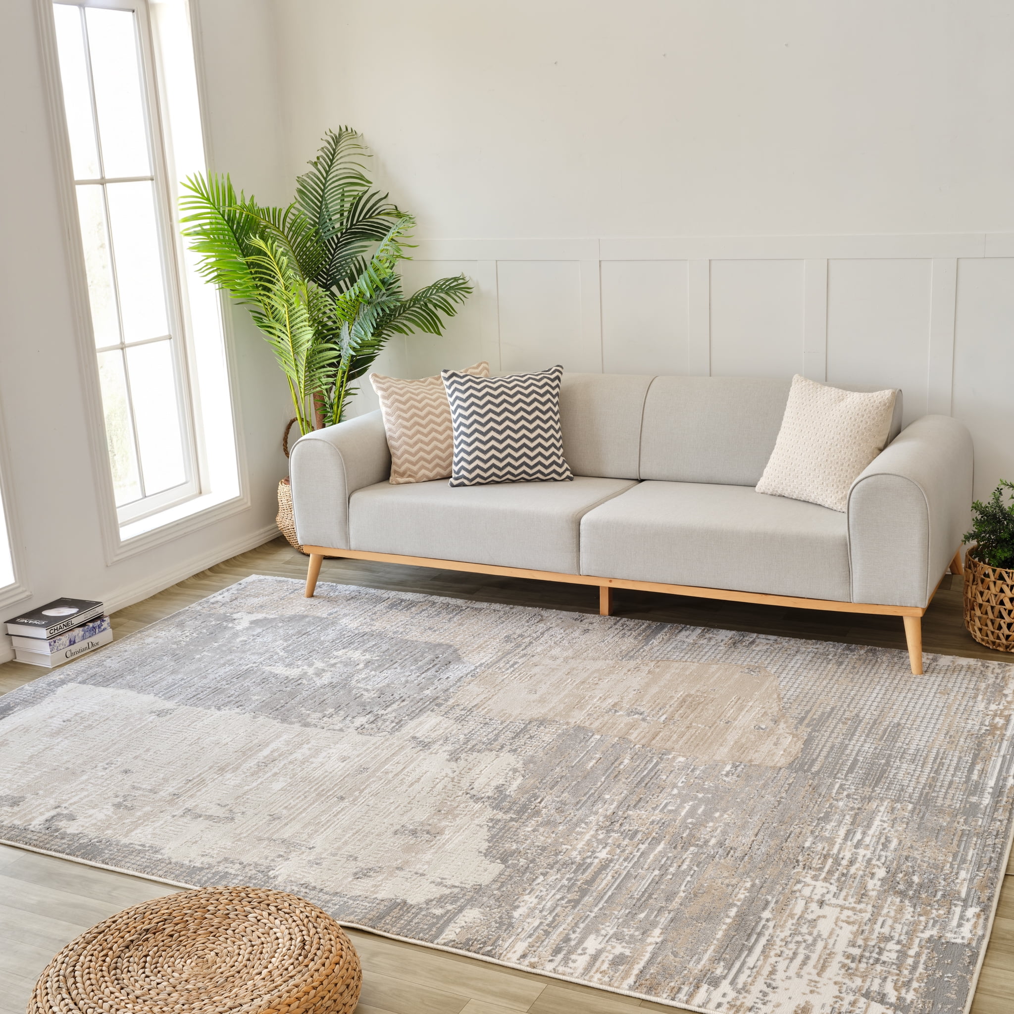 Tapis d'interieur abstrait Rug Branch Nomad, gris creme, moderne - Salon, chambre, salle a manger et cuisine