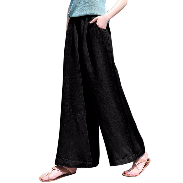 Gibobby pantalones de vestir mujer cintura alta Pantalones elásticos transpirables Pantalones sueltos de algodón y lino Pantalones de mujer con bolsillo (Negro, S)