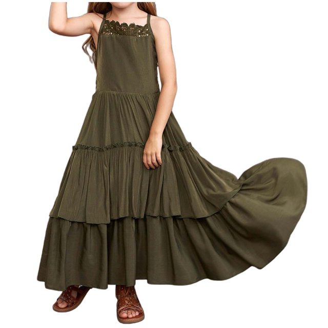 MEZZALL Robe de Fête Unie pour Filles, Manches Courtes, Ourlet Irrégulier, Robe de Princesse, Vêtements Respirants, Vert Armée, 3-4 Ans