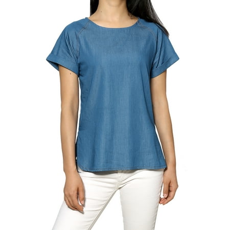 - Women Raglan Sleeves Round Neck Tencel Denim Chambray Top Blouse Shirt Blue XL (US 18)