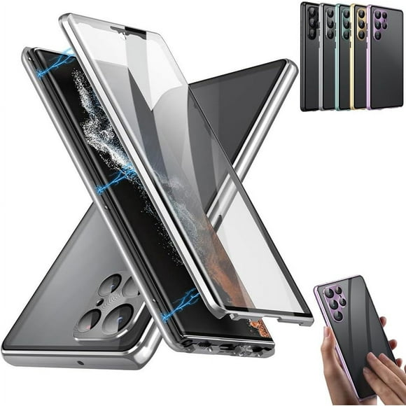 Funda magnética de vidrio templado de doble cara para teléfono, funda protectora completa de 360° a prueba de golpes con protector de lente con bloqueo de seguridad, para Samsung S21/S22/S23/S24 Plus