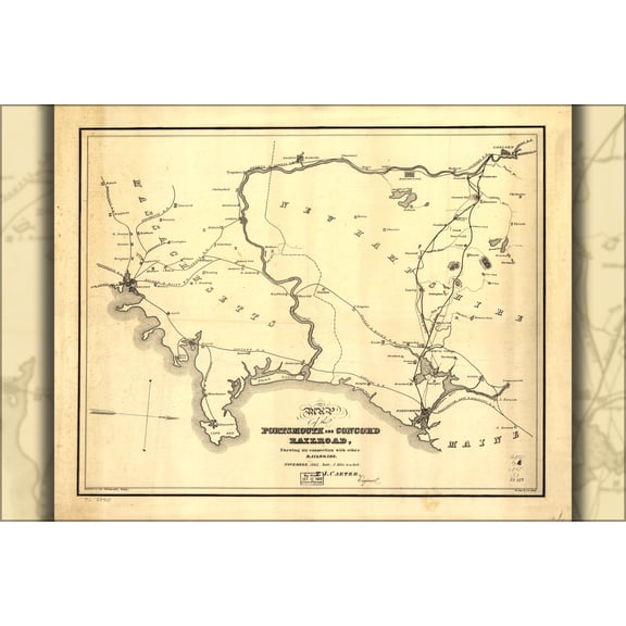 24"x36" Gallery Poster, Map Portsmouth Concord Railroad 1845