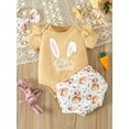 thumbnail image 2 of Suealasg Newborn Baby Girls Easter Outfits 3M 6M 12M 18M Short Sleeve Letters Print Romper Tops +Bunny Print Shorts +Headband 3Pcs Summer Causal Clothing for Infant Girls, 2 of 9