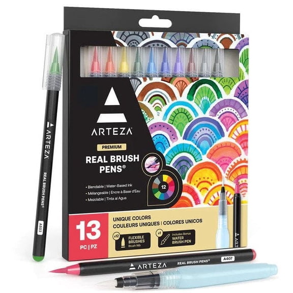 Arteza Blendable Ink Real Brush Tip Artist Brush Pens Set, Assorted Colors 12 Pack