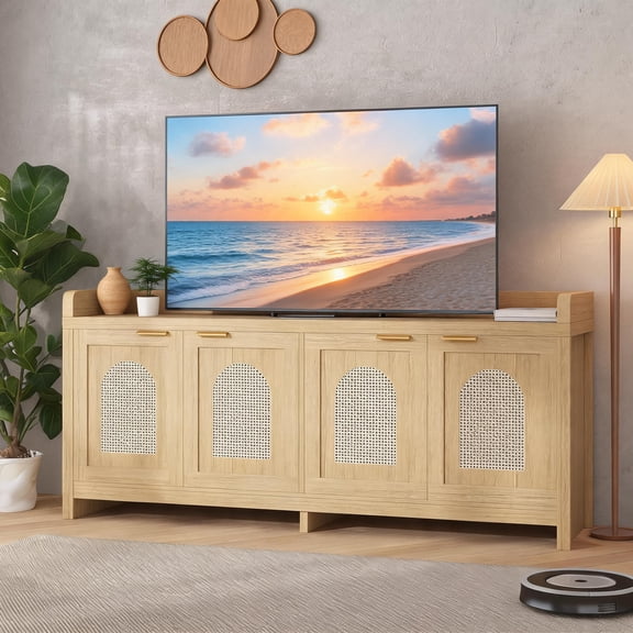 TV Stand for TVs up to 65 Inch, 61.5" Rattan Entertainment Center with Doors, Storage Console for Living Room