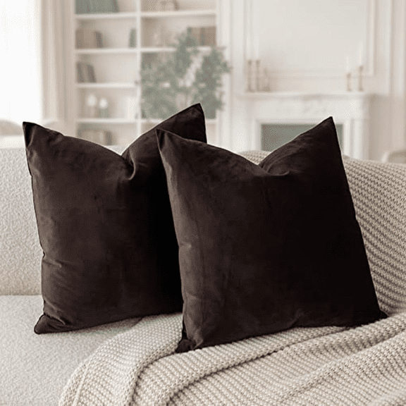 Soft Velvet Throw Pillow Covers 20x20 Inch Set of 2, Decorative Couch Sofa Bed Cushion Covers with Hidden Zipper for Living Room Home Decor, Coffee Brown