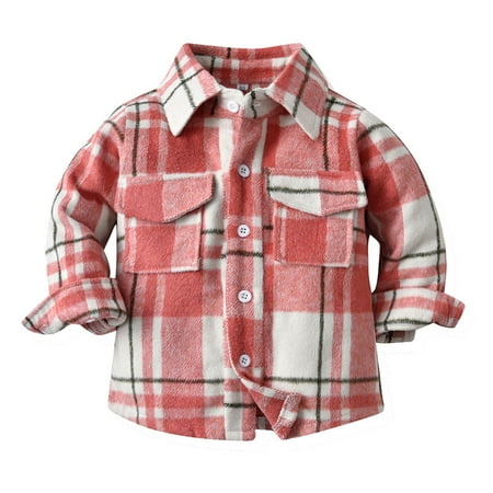 

Ixbnca Boys Girls Plaid Coats Flap Collar Button down Fall Outwear Kids Shirts Clothes with Chest Pockets