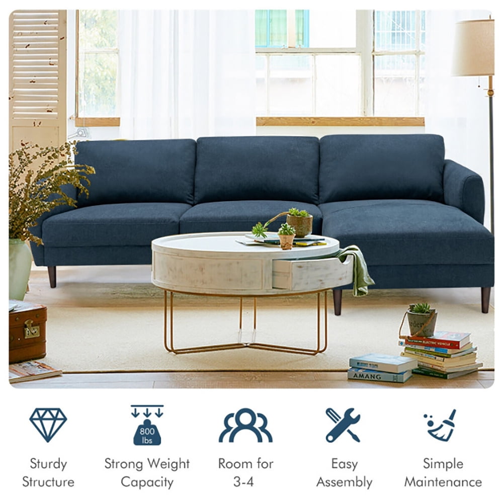 Finihen L-Shaped Sectional Sofa Couch, Sofa Bed, Convertible L-Shaped Fabric Sectional Sofa with Chaise Lounge and Solid Wood Legs, for Living Room, Navy Finihen L-Shaped Sectional Sofa Couch, Sofa Bed, Convertible L-Shaped Fabric Sectional Sofa with Chaise Lounge and Solid Wood Legs, for Living Room, Navy