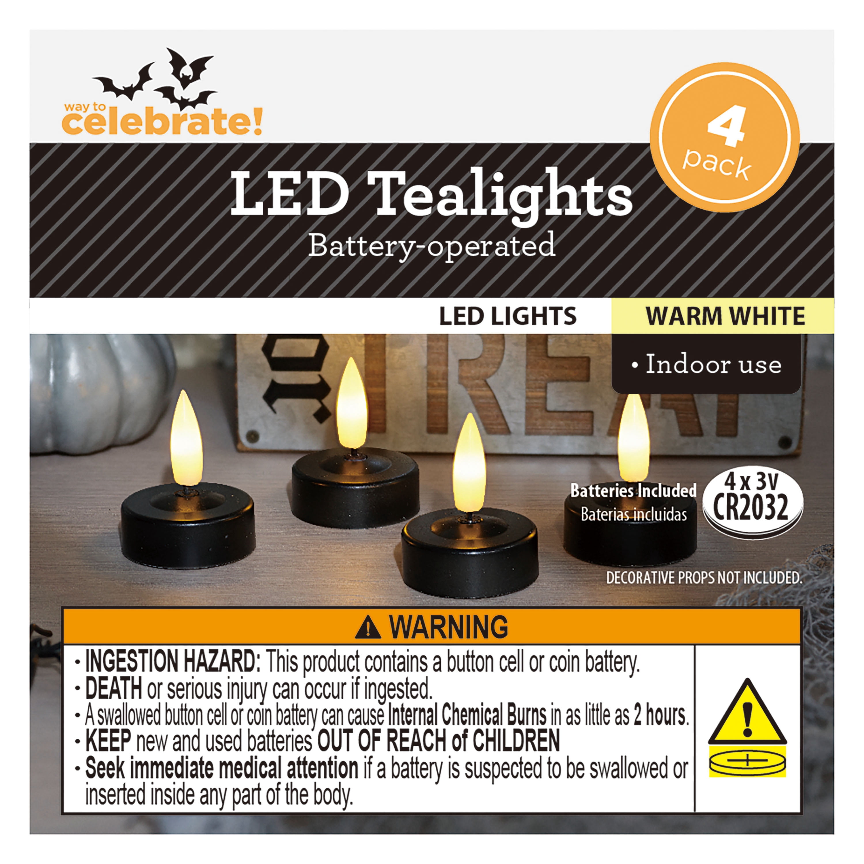 Battery-Operated LED Tealight Candles, Black, 4 Count, Halloween by Way To Celebrate