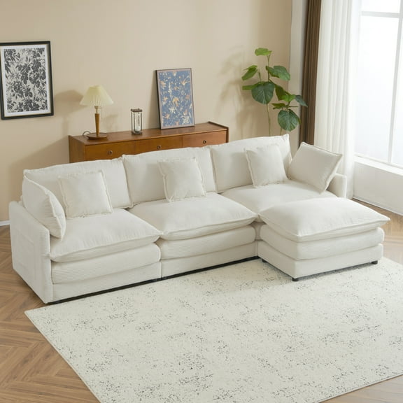 Euroco 112.6" Modern Sofa Modular Sofa Couch Upholstered Corduroy L-Shape Sectional Sofa with Side Storage Pockets for Living Room