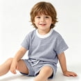 thumbnail image 2 of OSOLU Children Boys Outfits Summer Striped Knit Crew Neck Tee and Shorts 2 Piece Thin Breathable Casual Daily Wear Vacation Beach Clothing Sets, 2 of 4