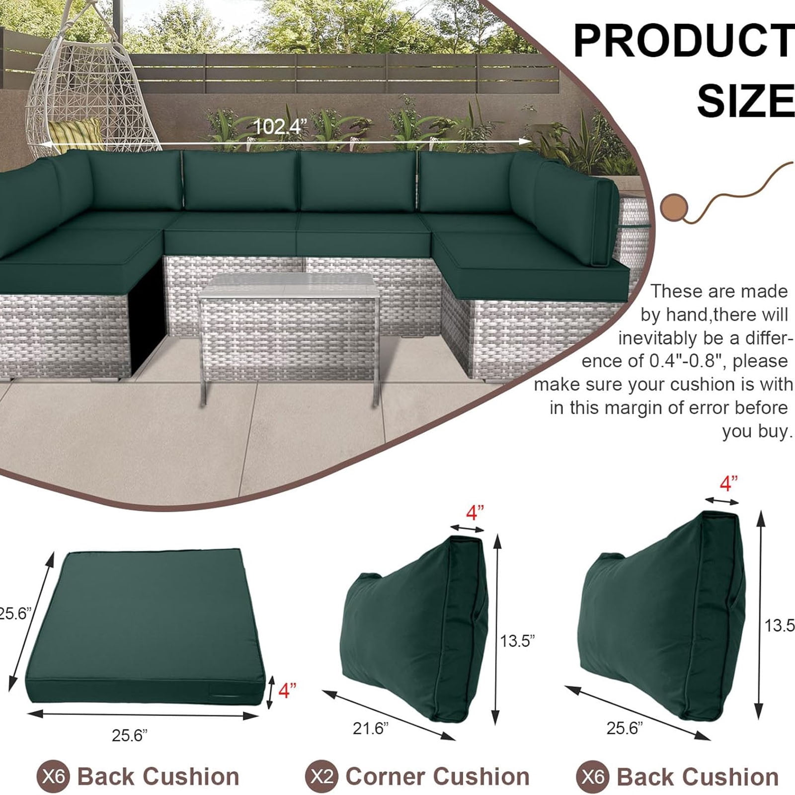 Outdoor Sectional Cushions, 6 Seat Patio Sectional Cushions, 4" Foam High-Density, Water-Resistant Patio Sofa Cushions Replacement Set （Dark green）