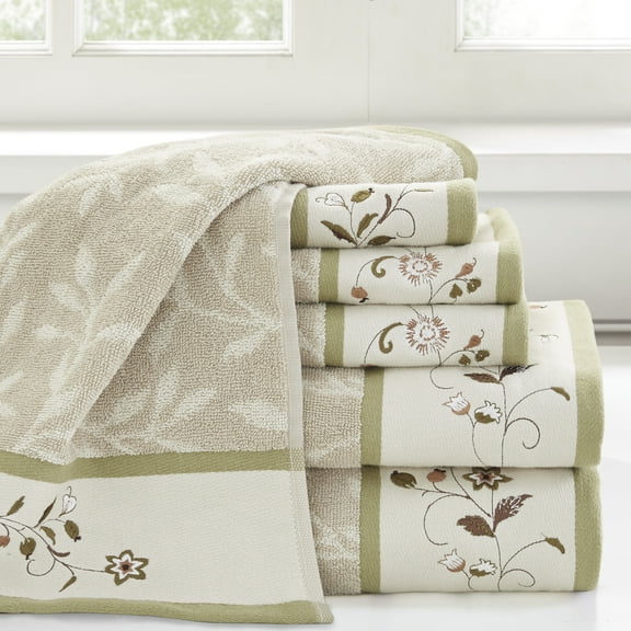 Madison Park Cotton Bath Towel Set, 6-Piece Absorbent Towels Set for Bathroom, Soft Floral Bath Towels, Hand Towels, Fingertip Towels, Green