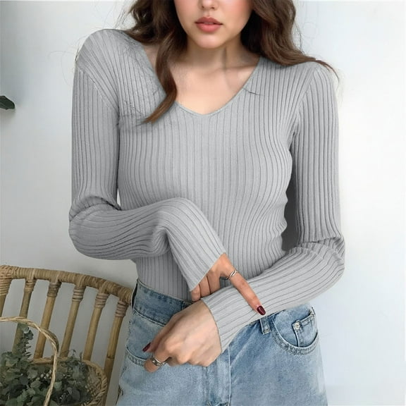 BRGZLK Women V Neck Sweaters Solid Color Long Sleeve Tight Elastic Comfy Soft Pullover Sweater Knitting Shirt Gray Free Size