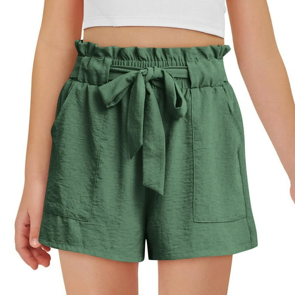 Girls Summer Shorts Kids Cute Ruffle High Waisted Shorts Pull On Paperbag Drawstring Shorts with Pockets 5-14 Years