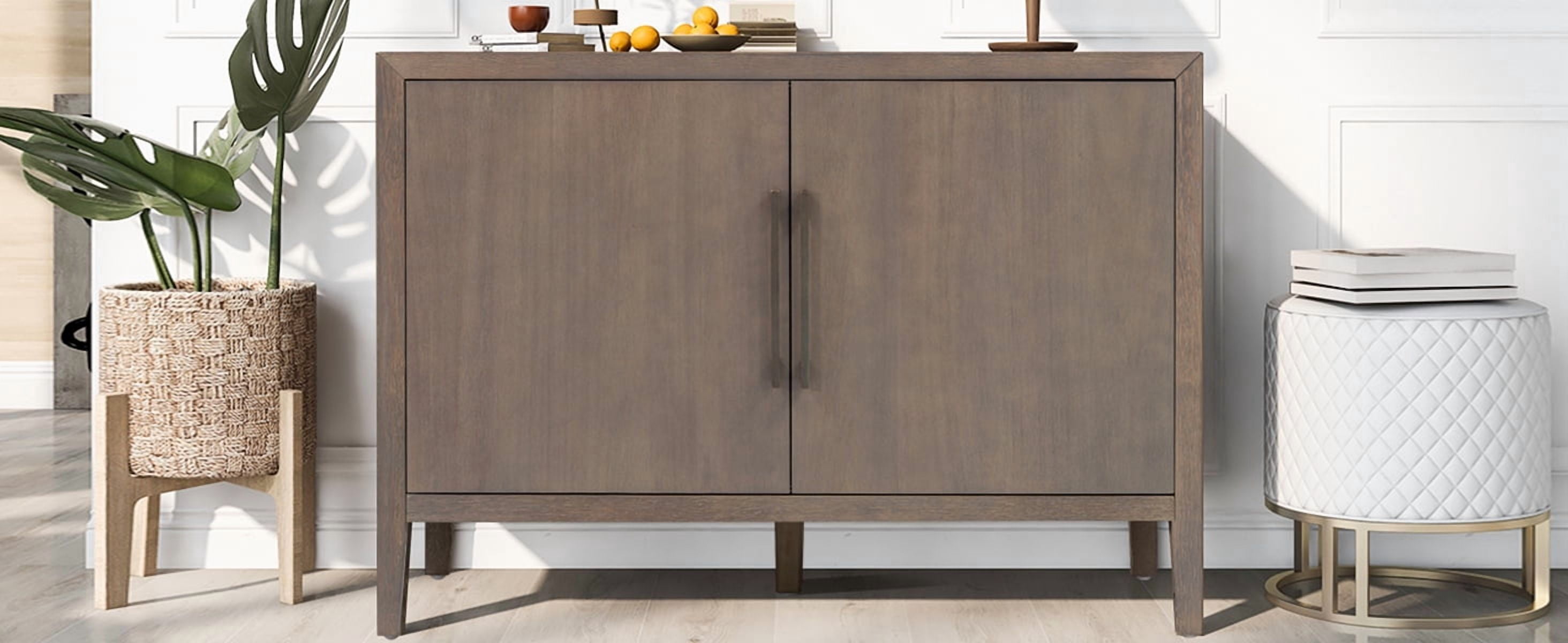 Mintazer 47.25" Farmhouse Sideboard with 2 Doors & Adjustable Feet, Wooden Storage Cabinet with Pine Veneer & Metal Handles for Entryway Living Room, Brown