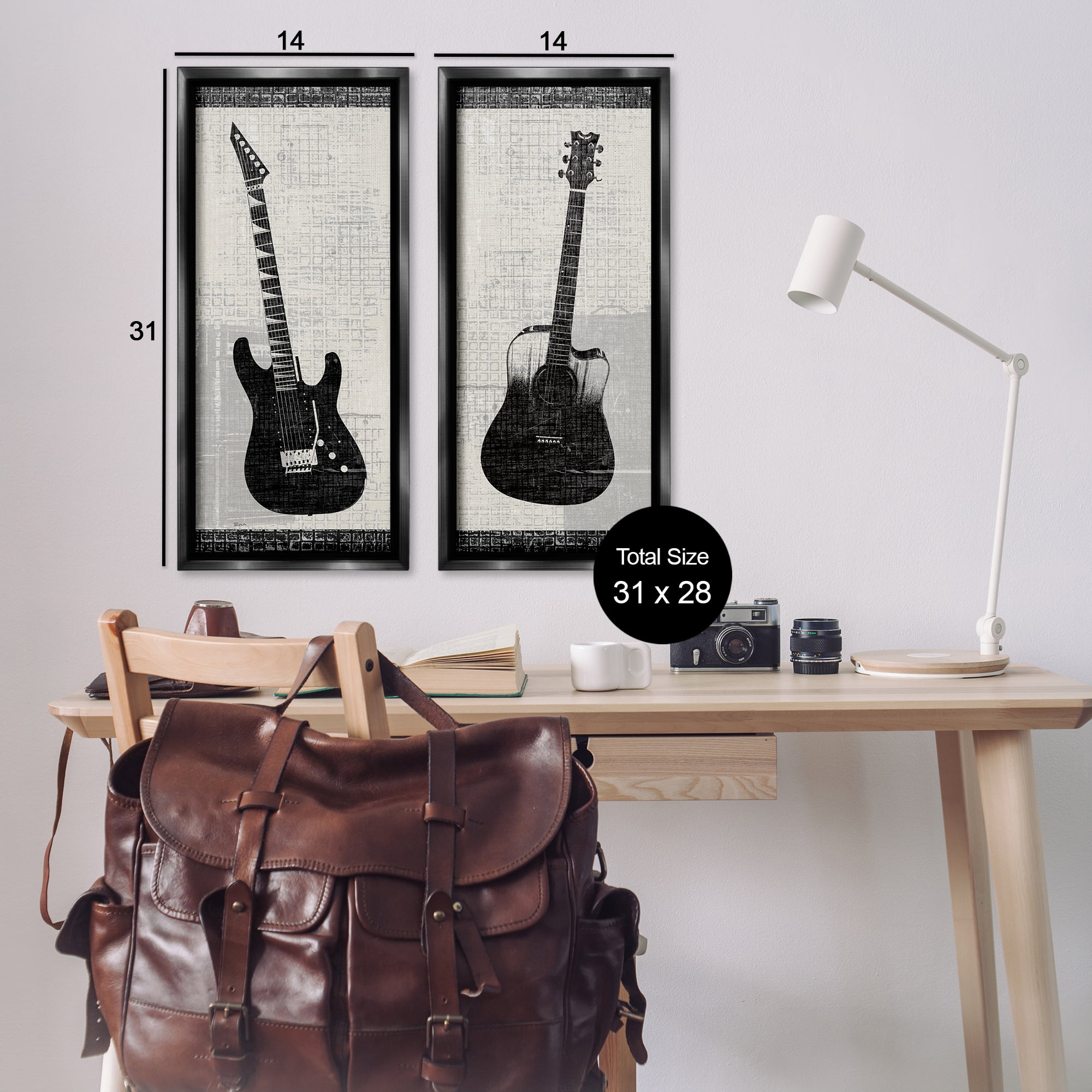 Stupell Industries Electric Acoustic Guitar Entertainment Painting Black Floater Framed Canvas Art Print Wall Art, 14 x 31, Set of 2