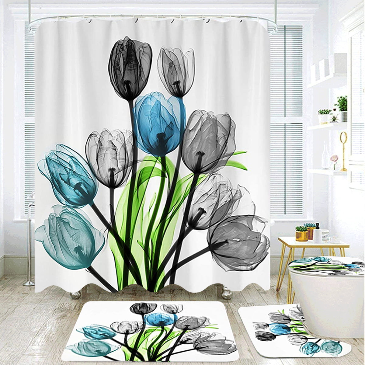 Bathroom Mat Waterproof Fabric Different Varieties of Cacti Shower Curtain Hooks 