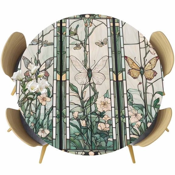 Retro Butterfly Table Cloth, Round Fitted Tablecloths with Elastic Edge, Green Spring Floral Botanical Wipeable Waterproof Table Cover for Kitchen Wedding 36-44 Inches