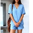 thumbnail image 6 of Costeam Womens 2 Piece Linen Blend Co Ord Set V Neck Short Sleeve Top and Elastic Waist Shorts Casual Summer Matching Outfit with Side Pockets, 6 of 8