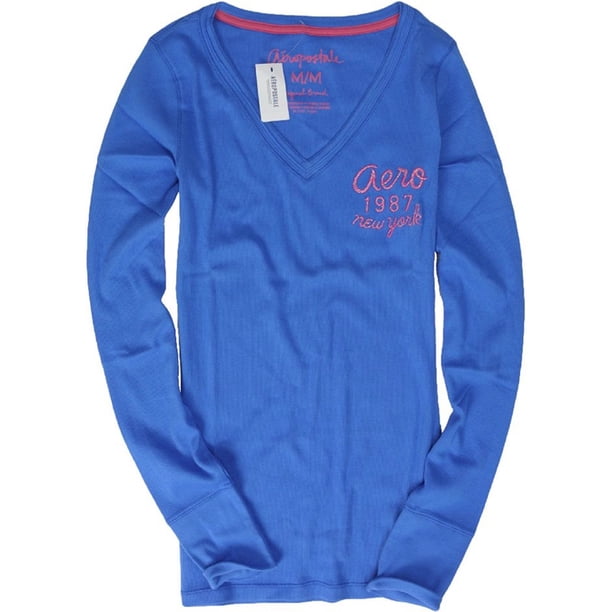 Camiseta gráfica acanalada con cuello en V para mujer de Aeropostale, azul, grande Aeropostale Camiseta gráfica