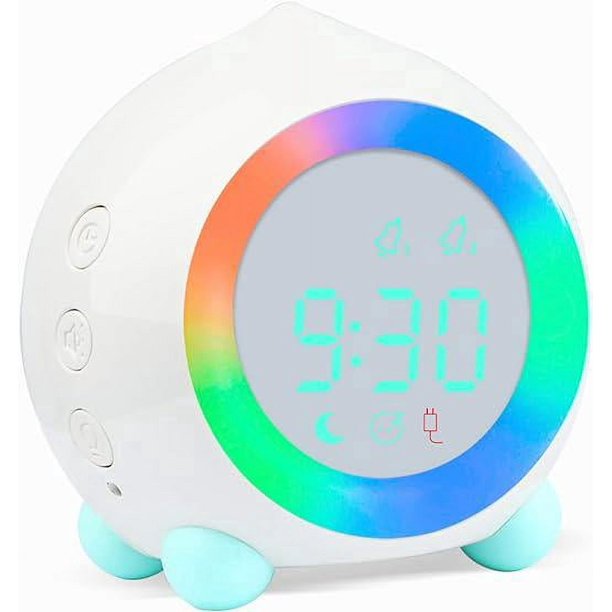 (Blanco) Reloj despertador para niños con números luminosos, luz LED, reloj despertador con luz nocturna, despertador con volumen ajustable para la mañana y la noche, reloj despertador recargable por