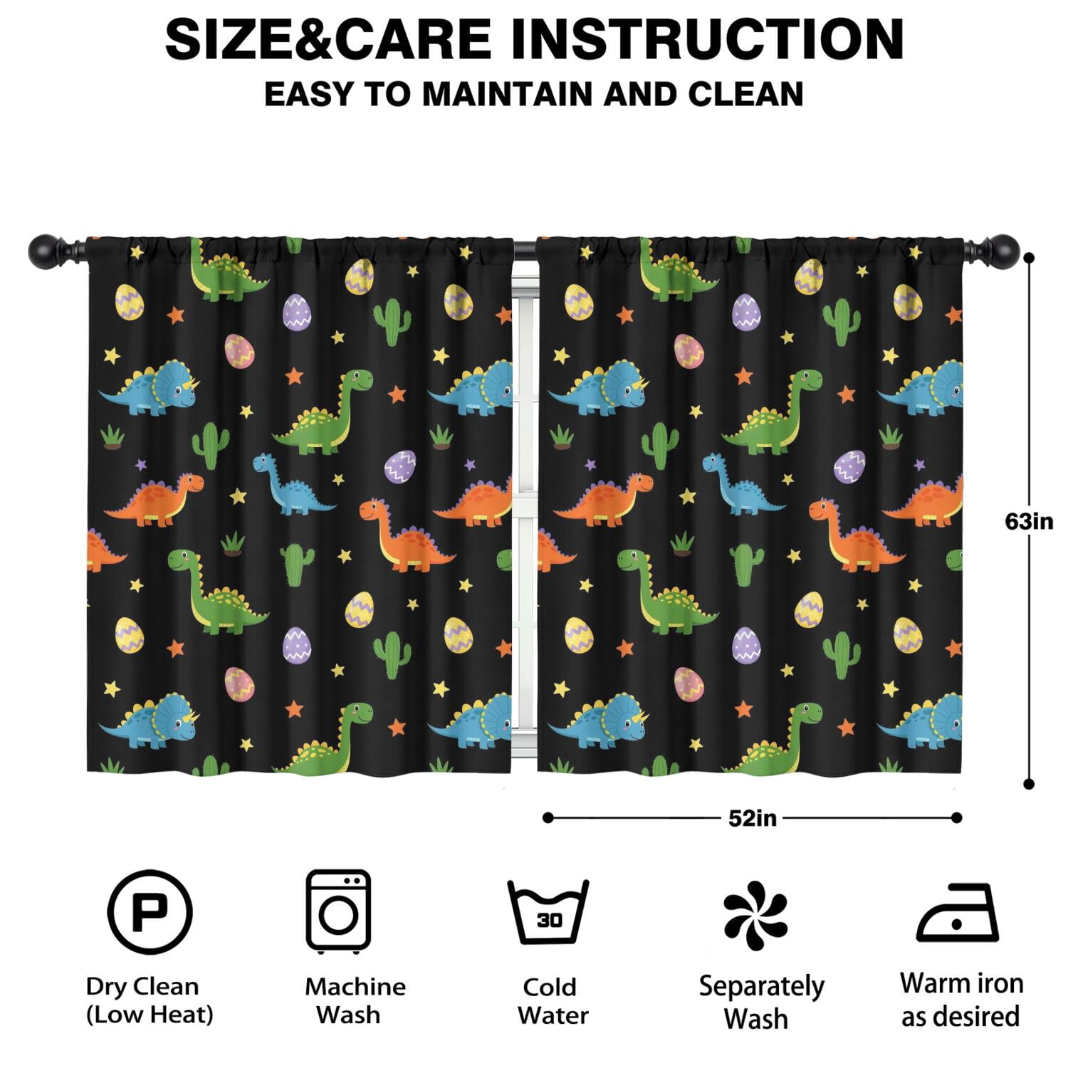 Blackout Kids Curtains,Black Dinosaurs Eggs Cacti Pattern Childrens Insulated Curtains Set Of 2,Bedroom Essentials,Toddler Room Decor 52"x63"