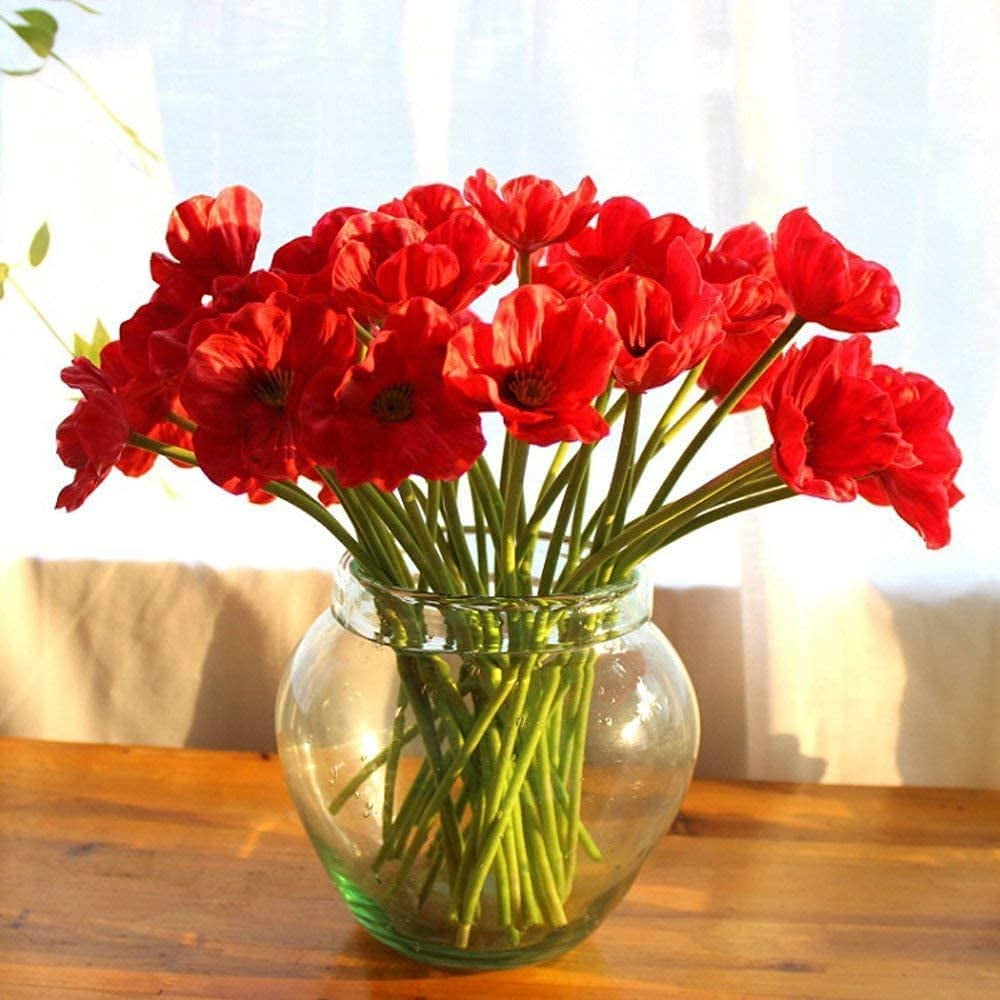 Zukuco Artificial Flowers, Realistic Latex Poppy Flocking Long Stem Fake Poppies Flowers for Home Wedding Party Decor, Floral Arrangements, Centerpieces Décor(Red)