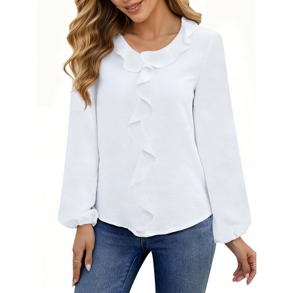 UVN Blouses for Women V Neck Long Sleeve Shirts Dressy Casual Ruffle Chiffon Tops