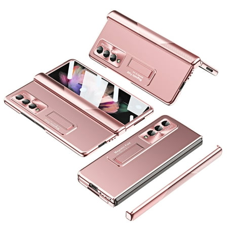 Tarise for Samsung Galaxy Z Fold 3 Case with Kickstand & Screen Protector & Hinge Protection & HD Camera Lens Protector, Anti-Fingerprint Anti-Scratch Luxury Case Cover for Samsung Z Fold3, Rosegold